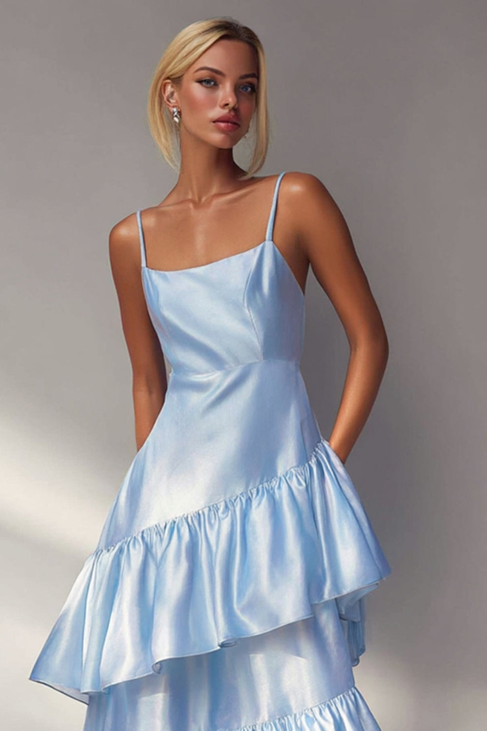 Light Blue Tiered A Line Spaghetti Straps Long Satin Formal Dress