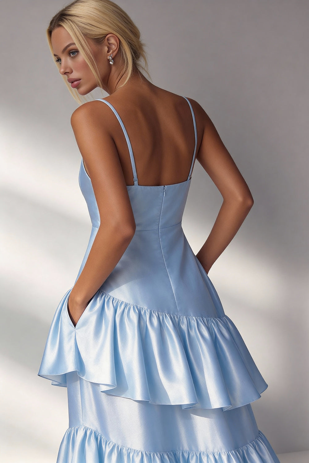 Light Blue Tiered A Line Spaghetti Straps Long Satin Formal Dress