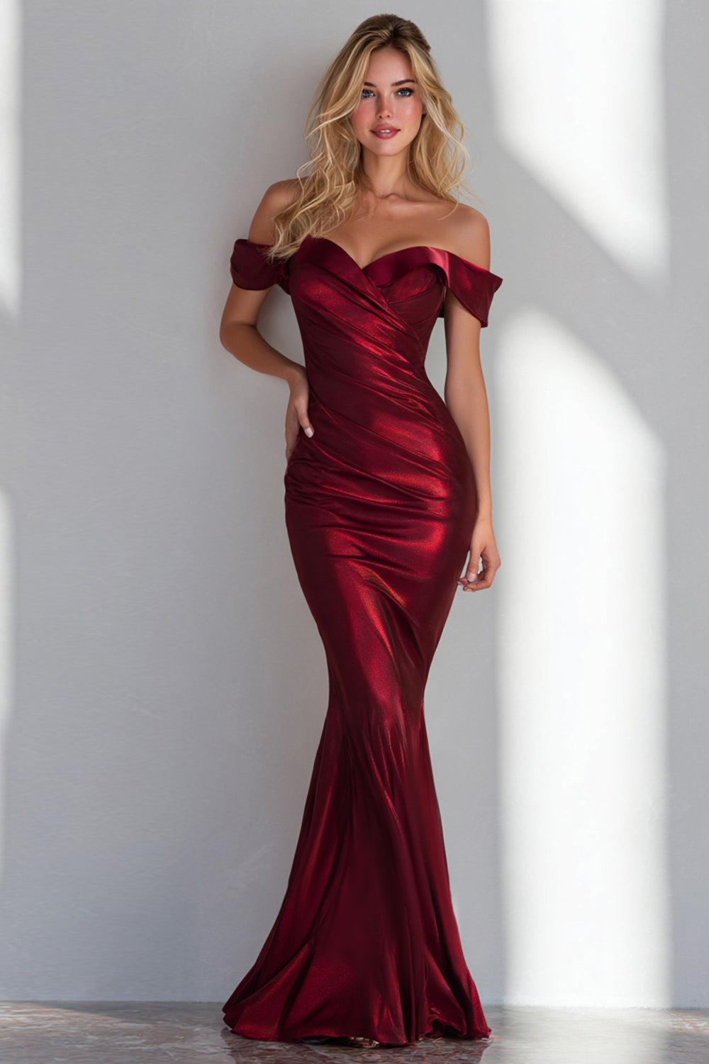 Burgundy Satin Mermaid Off the Shoulder Long Formal Dress with Ruffles