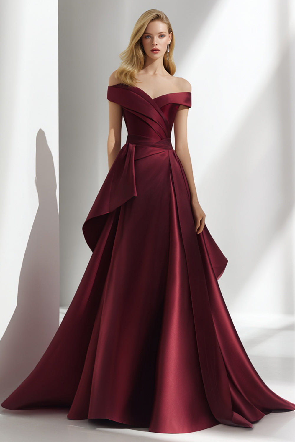 Burgundy A Line Off the Shoulder Long Satin Formal Dress