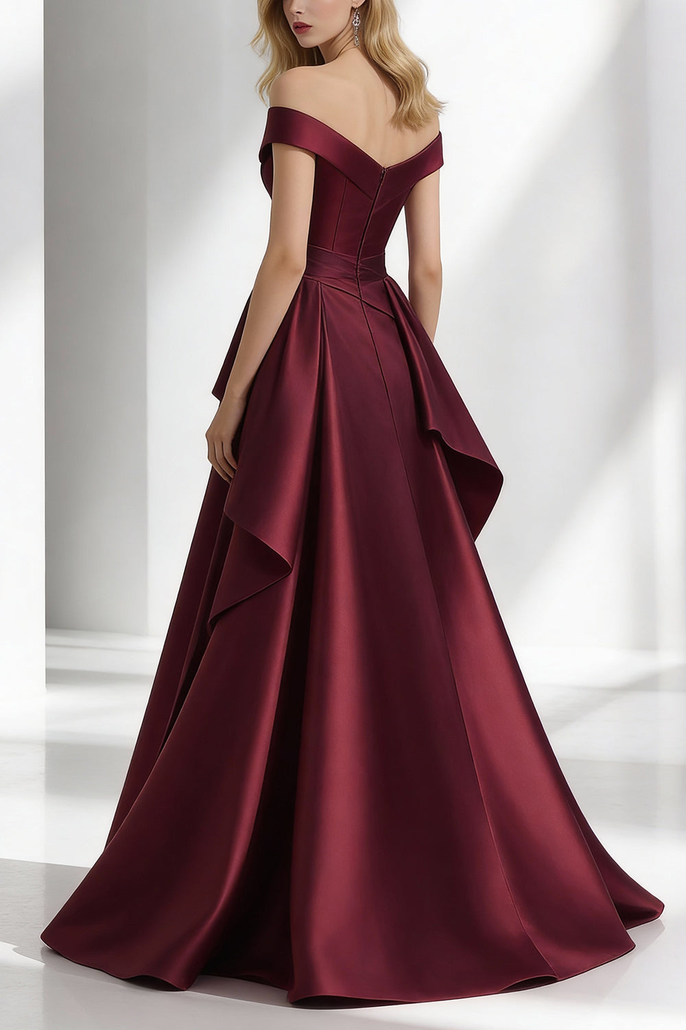 Burgundy A Line Off the Shoulder Long Satin Formal Dress