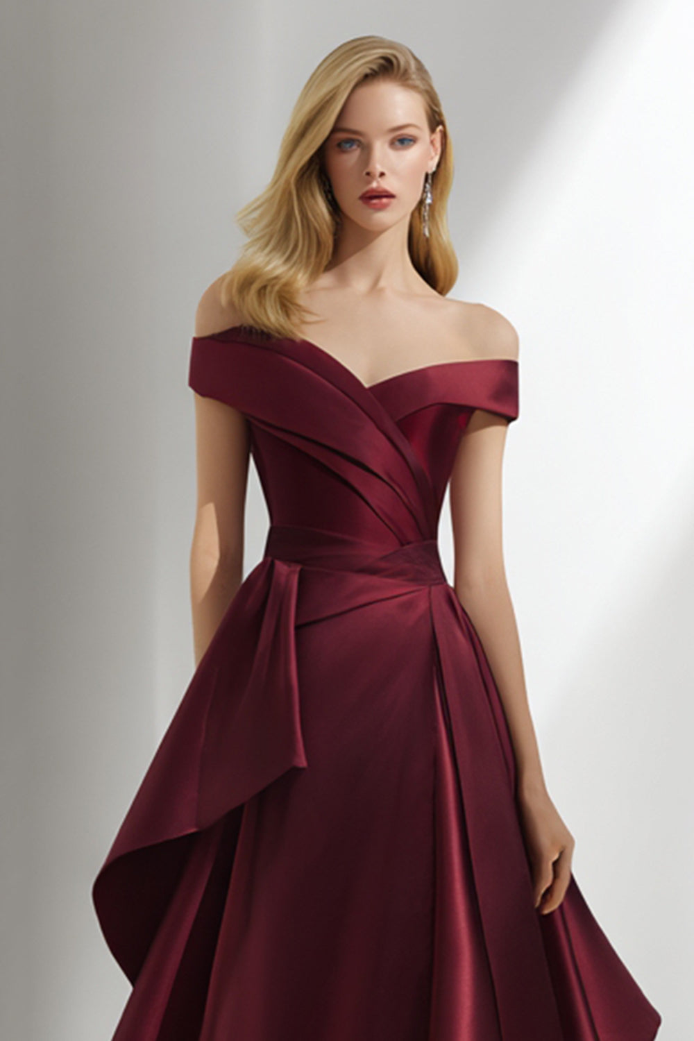 Burgundy A Line Off the Shoulder Long Satin Formal Dress