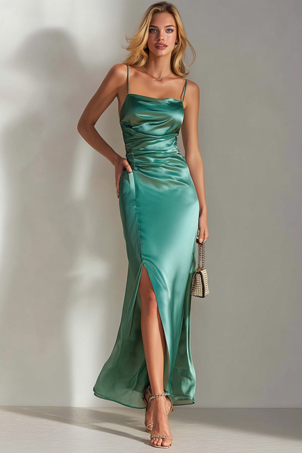 Simple Emerald Green Sheath Long Satin Formal Dress with Slit