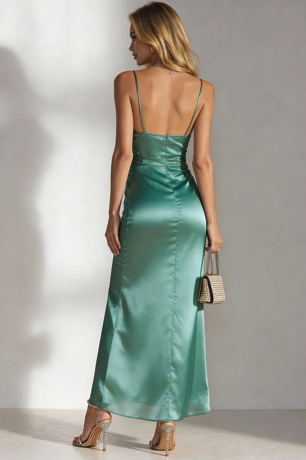 Simple Emerald Green Sheath Long Satin Formal Dress with Slit