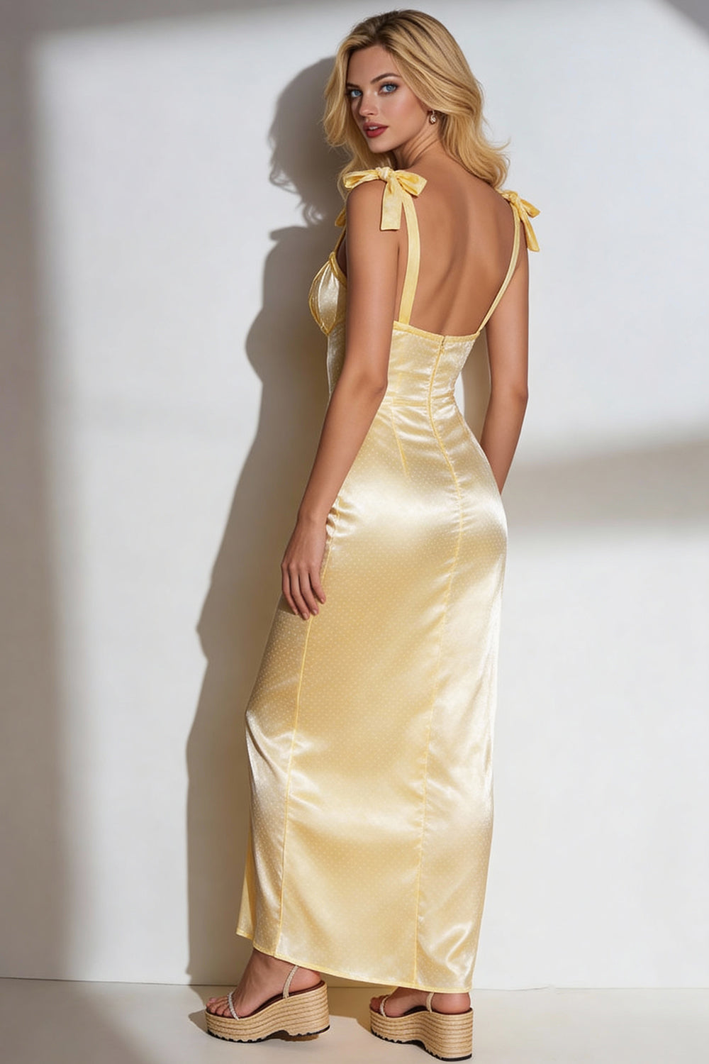 Yellow Mermaid Thick Straps Backless Long Formal Dress with Bows