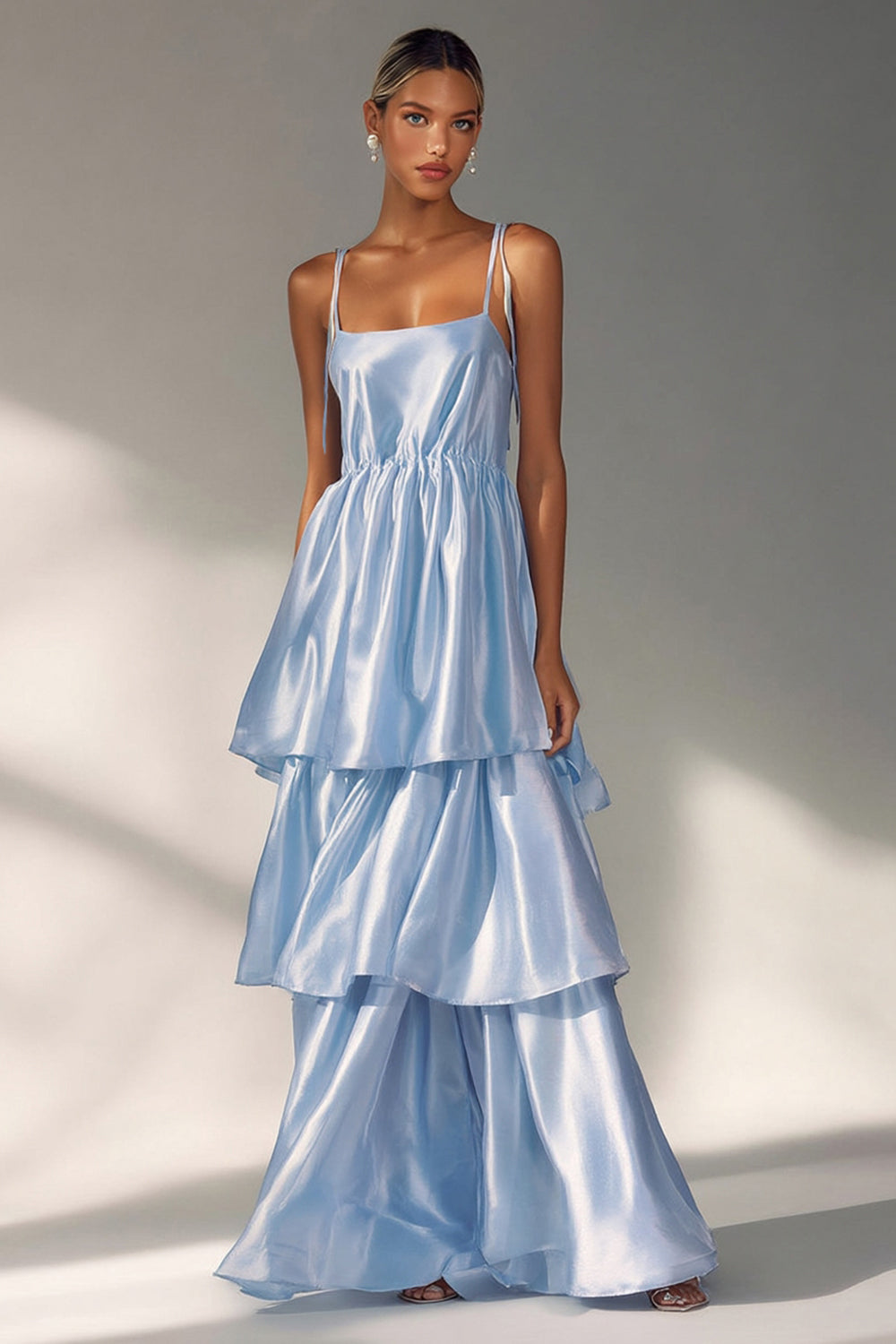 Flowy Light Blue A Line Tiered Spaghetti Straps Long Formal Dress