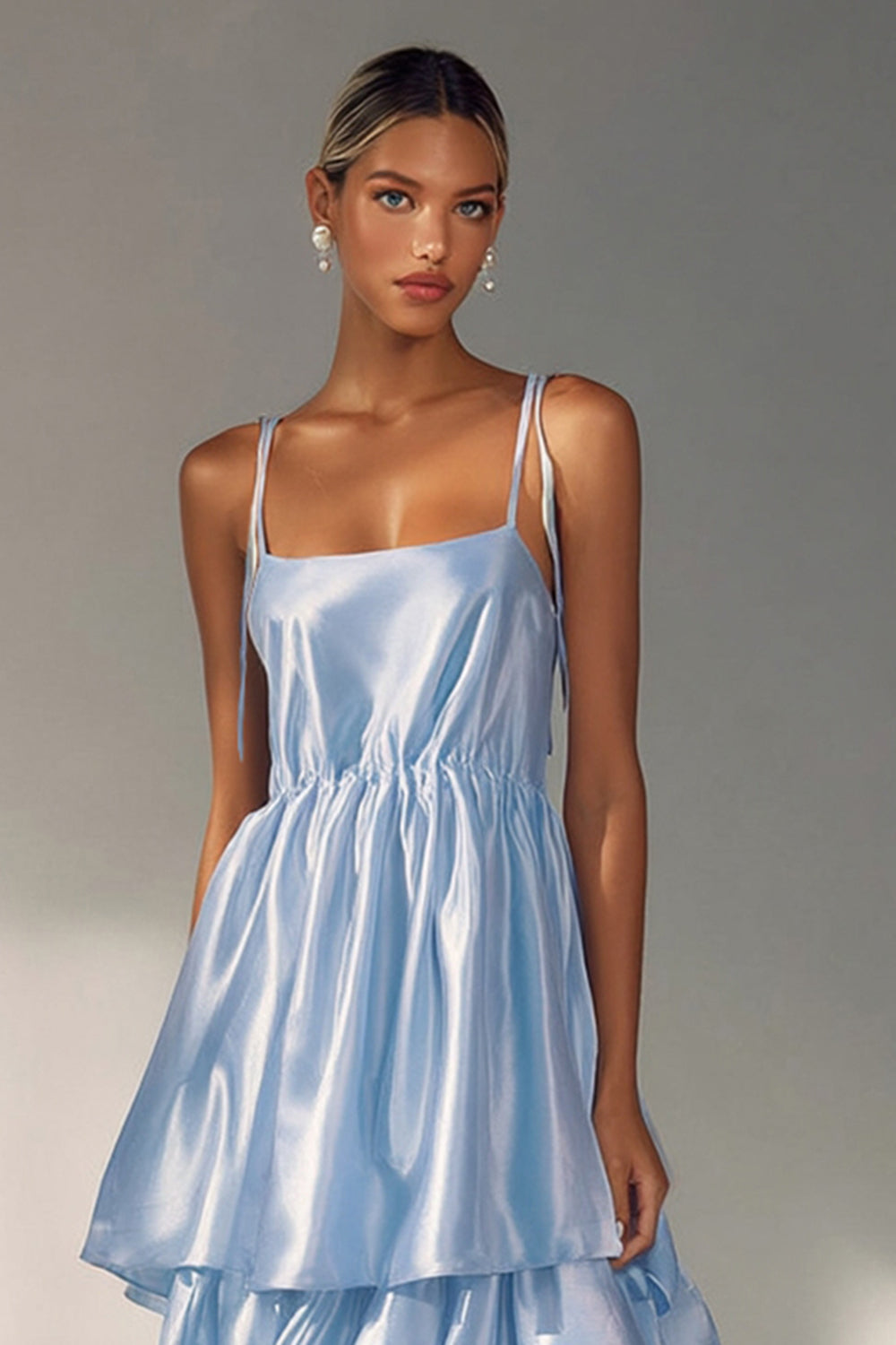 Flowy Light Blue A Line Tiered Spaghetti Straps Long Formal Dress
