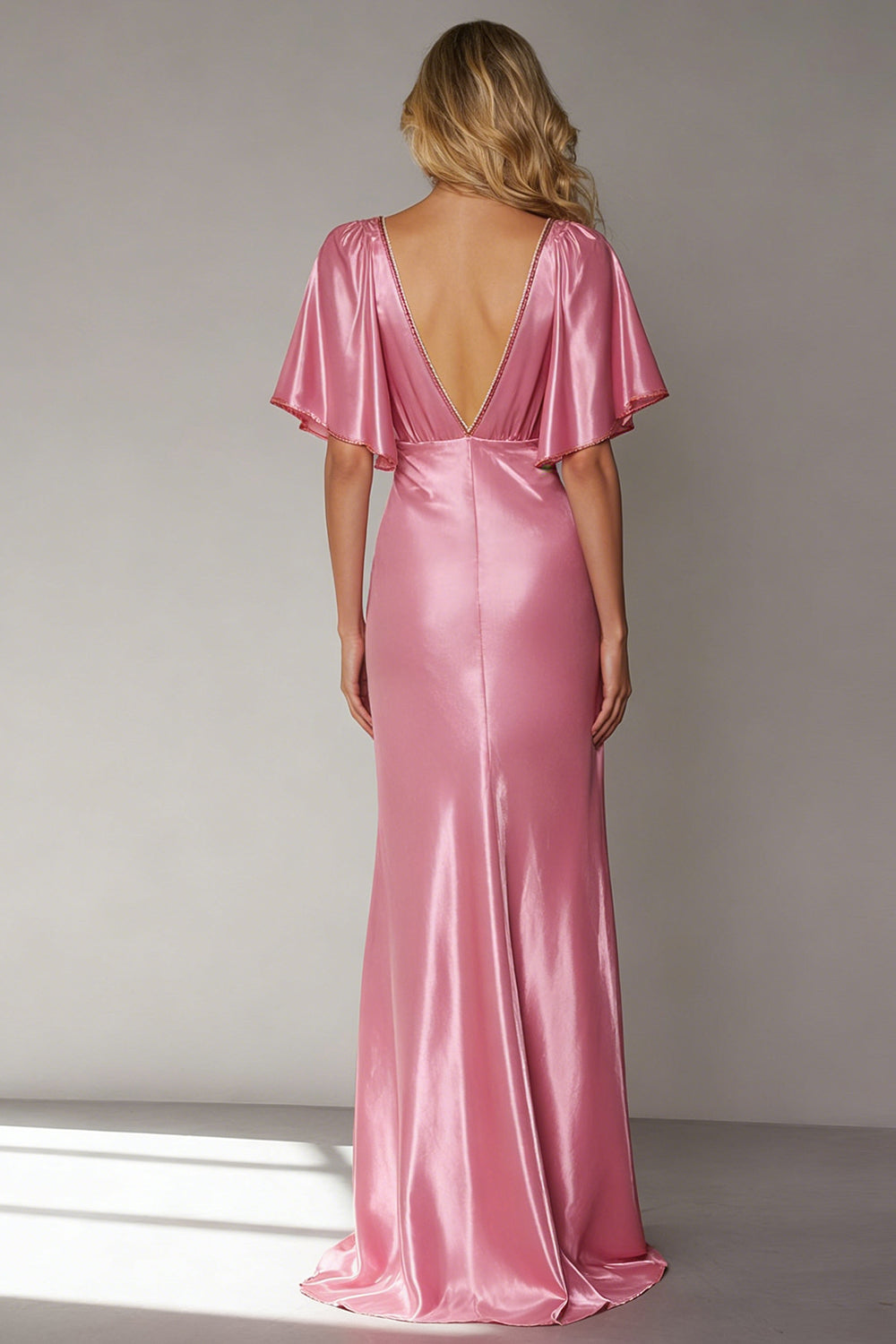 Simple Pink Satin Sheath V Neck Long Formal Dress with Sleeves