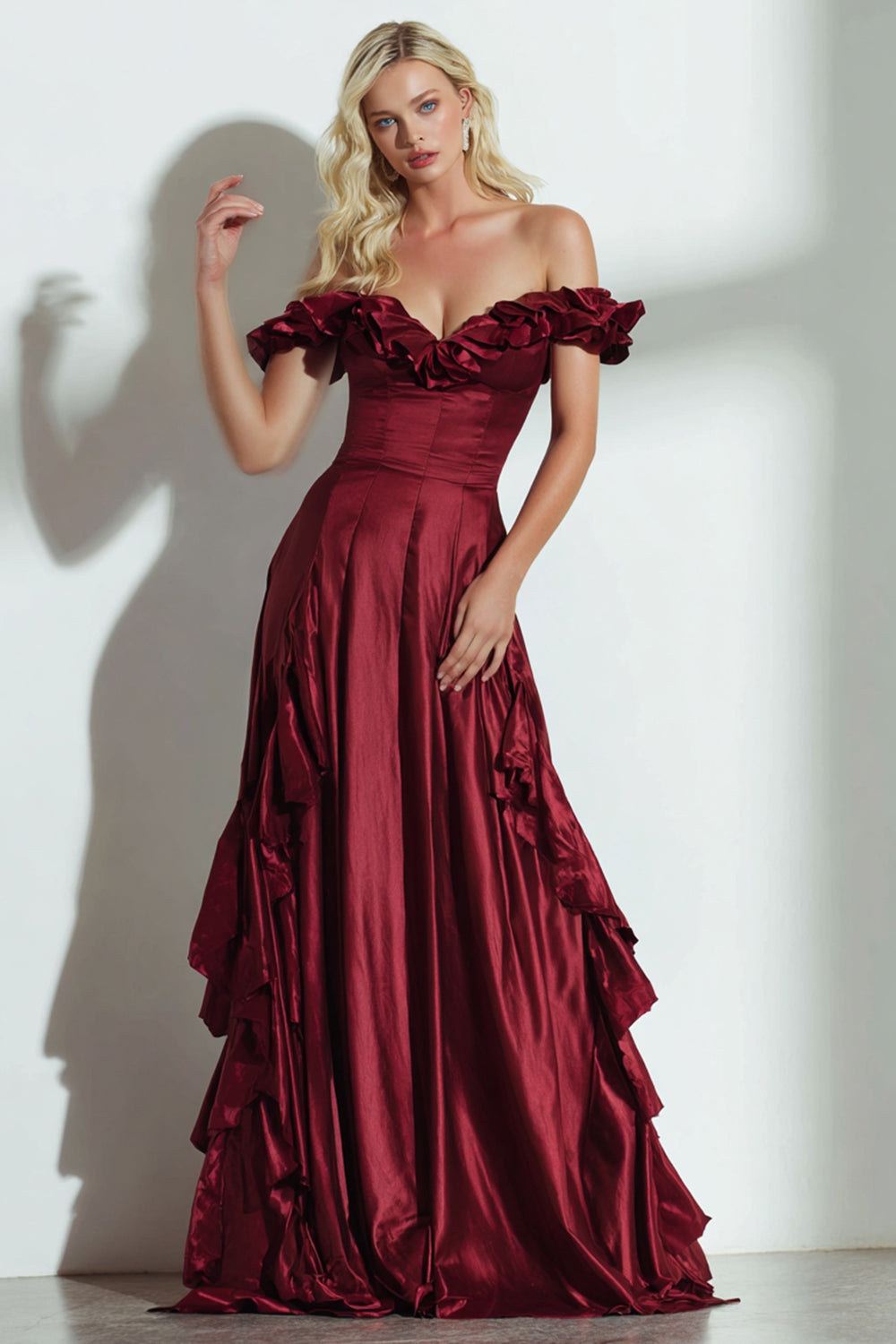 Elegant Burgundy Off the Shoulder A Line Long Ruffled Formal Dress