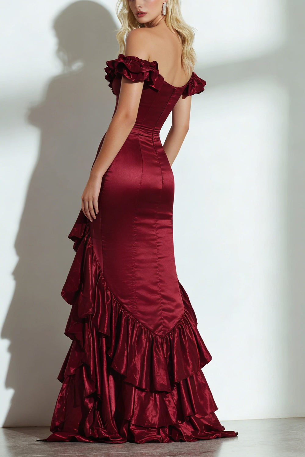 Elegant Burgundy Off the Shoulder A Line Long Ruffled Formal Dress