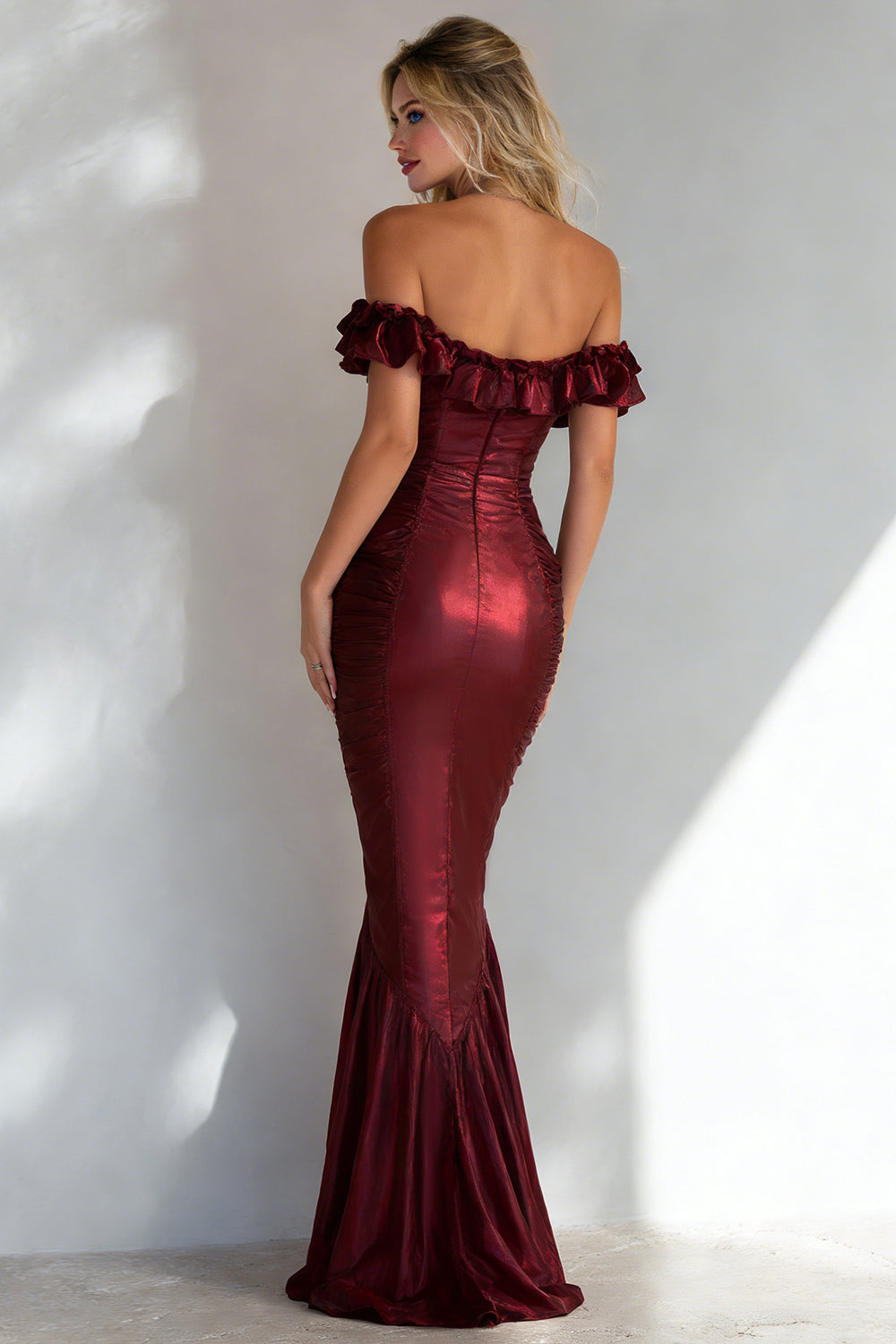 Elegant Burgundy Off the Shoulder Long Mermaid Formal Dress with Ruffles