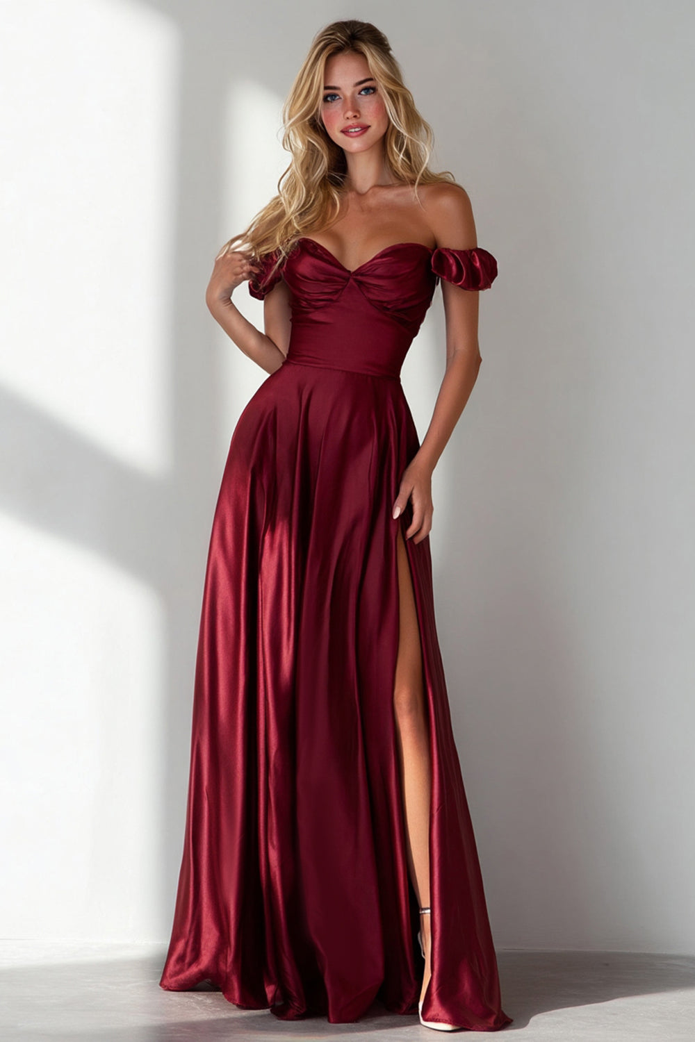 Simple Burgundy A Line Off the Shoulder Long Formal Dress with Slit
