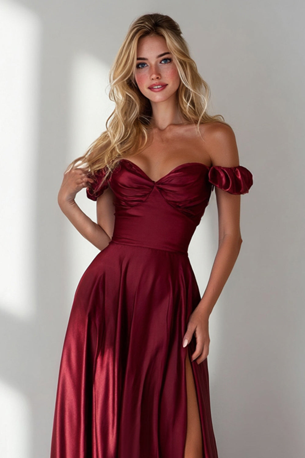 Simple Burgundy A Line Off the Shoulder Long Formal Dress with Slit