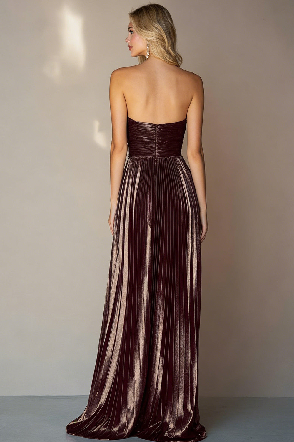 Metallic Coffee Strapless A Line Pleated Long Formal Dress