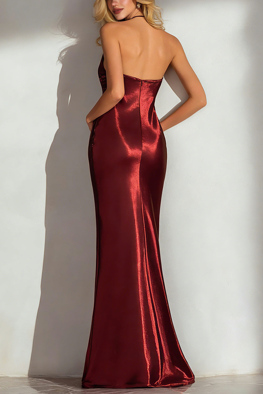 Burgundy Sheath Deep V-Neck Pleated Long Formal Dress