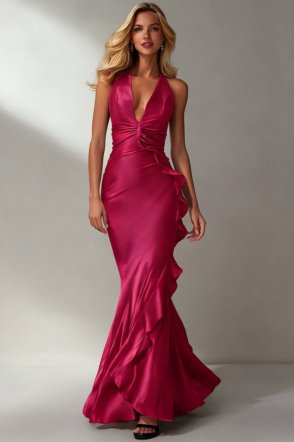 Fuchsia Mermaid Ruffled V Neck Long Satin Formal Dress