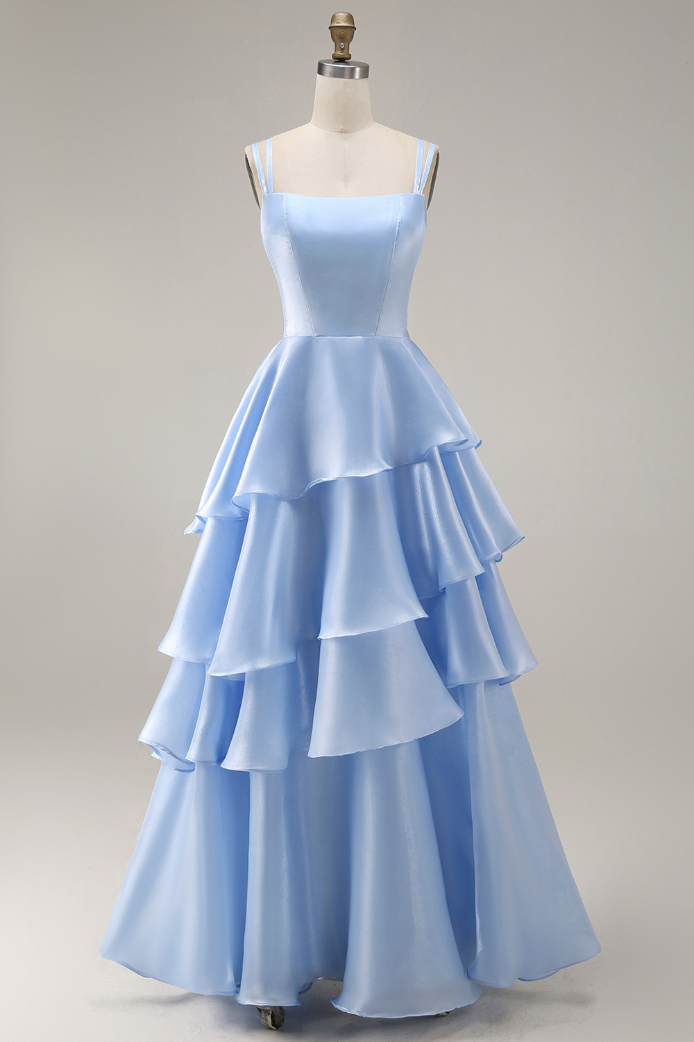 Light Blue A Line Square Neck Tiered Long Formal Dress
