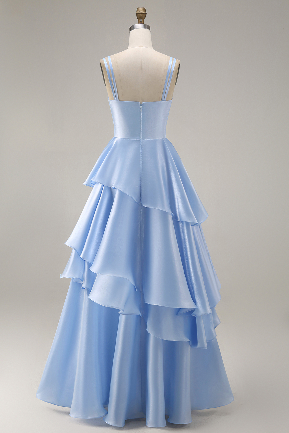 Light Blue A Line Square Neck Tiered Long Formal Dress