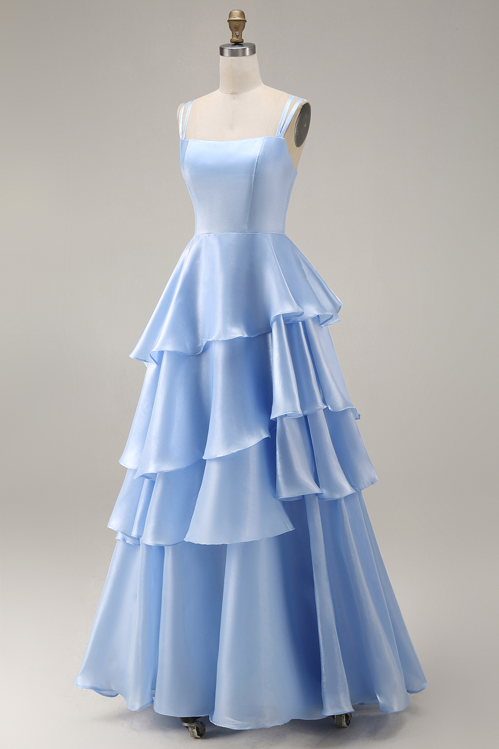 Light Blue A Line Square Neck Tiered Long Formal Dress