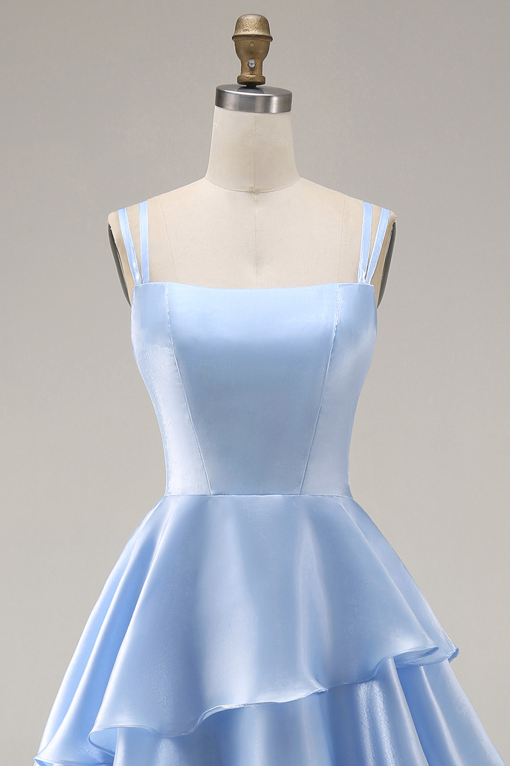 Light Blue A Line Square Neck Tiered Long Formal Dress