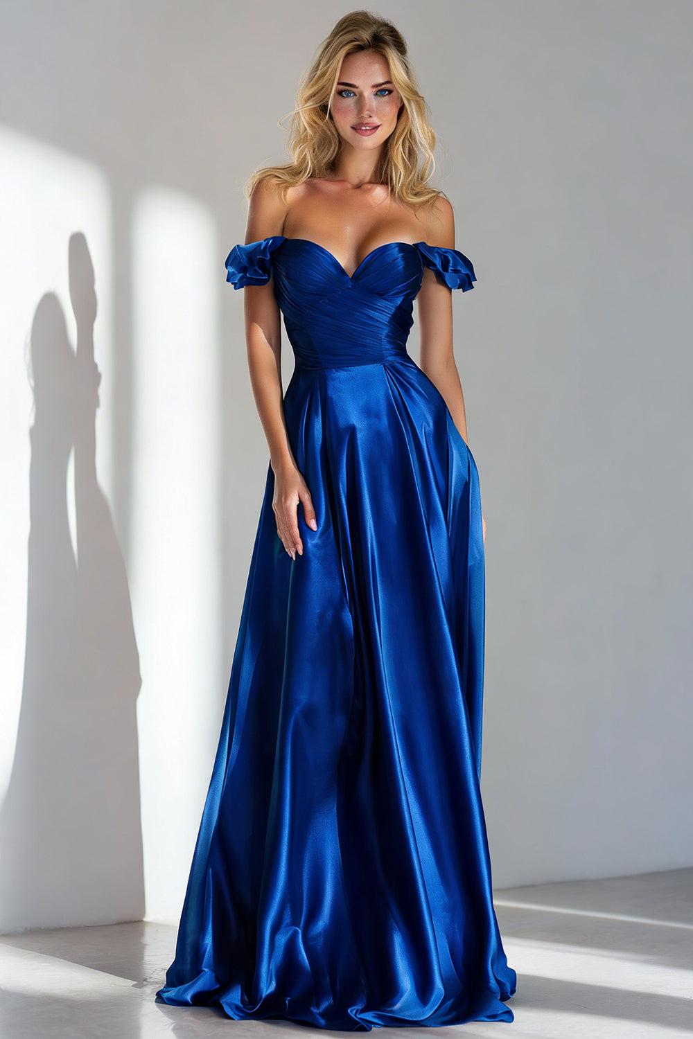 Royal Blue A Line Off the Shoulder Long Formal Dress with Ruffles