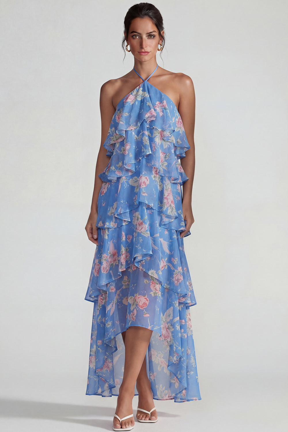 Florl Blue Halter Tiered A Line Long Flowy Formal Dress with Ruffles