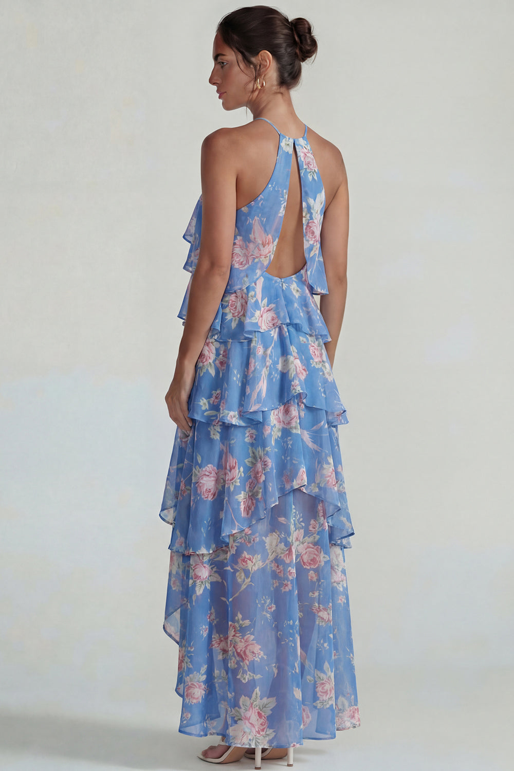 Florl Blue Halter Tiered A Line Long Flowy Formal Dress with Ruffles