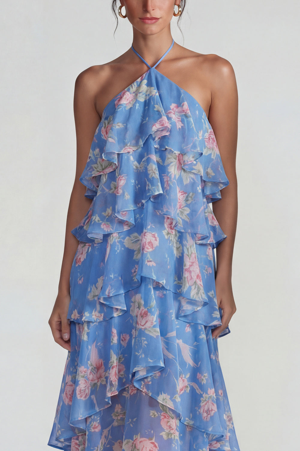 Florl Blue Halter Tiered A Line Long Flowy Formal Dress with Ruffles
