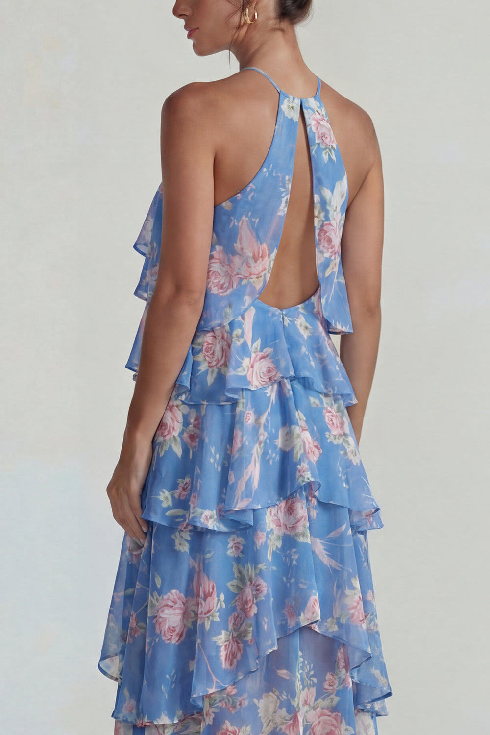 Florl Blue Halter Tiered A Line Long Flowy Formal Dress with Ruffles