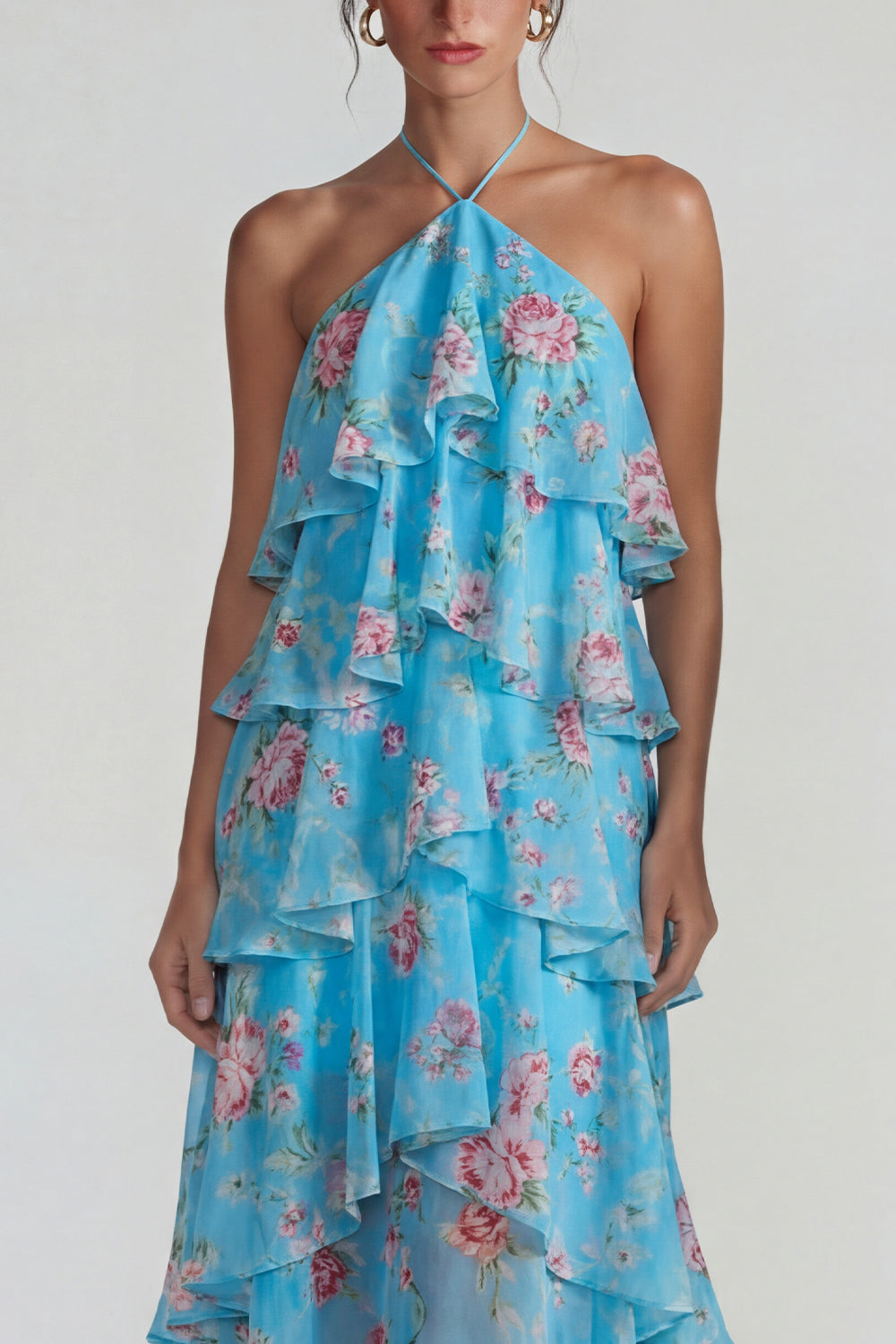 Florl Blue Halter Tiered A Line Long Flowy Formal Dress with Ruffles