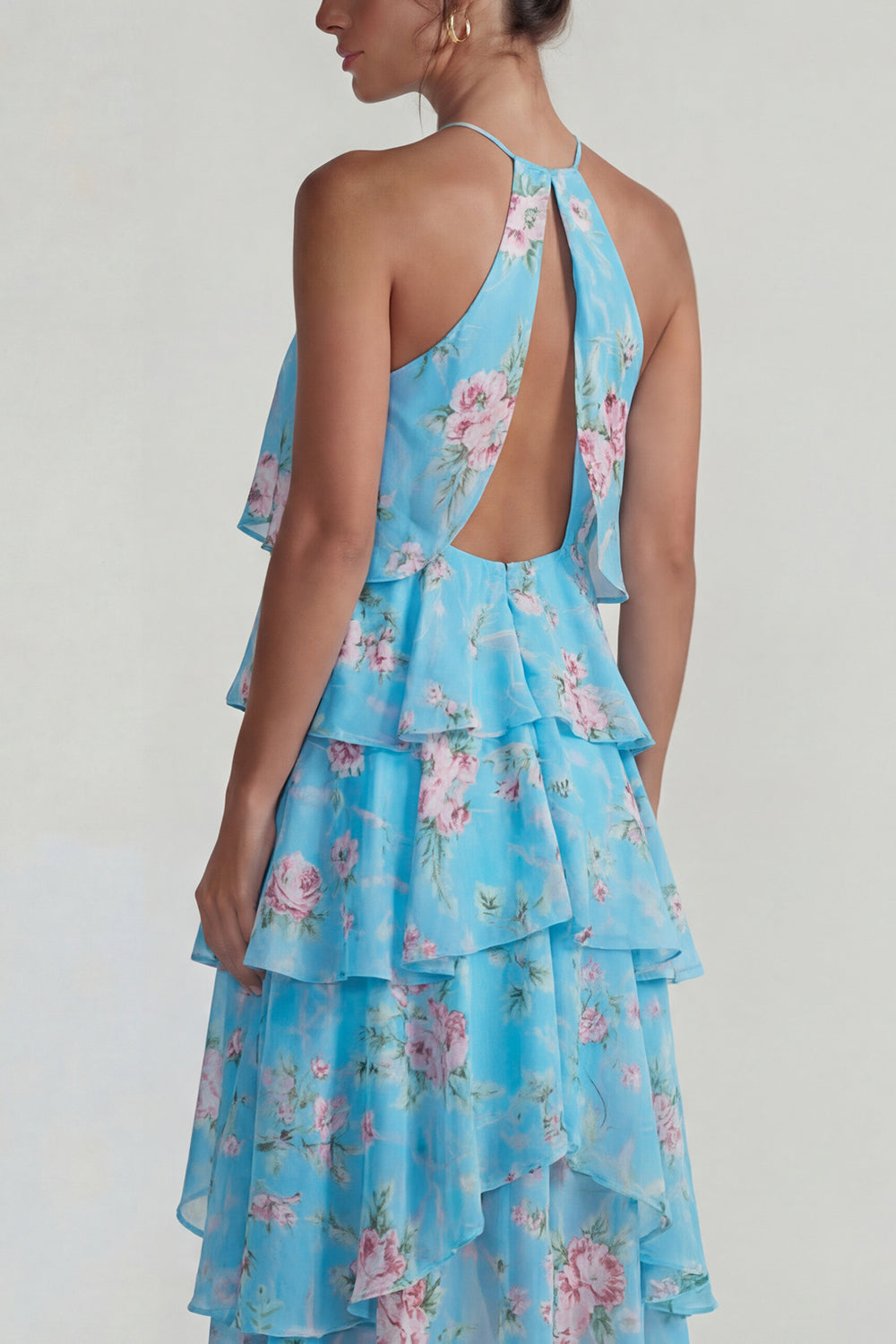 Florl Blue Halter Tiered A Line Long Flowy Formal Dress with Ruffles