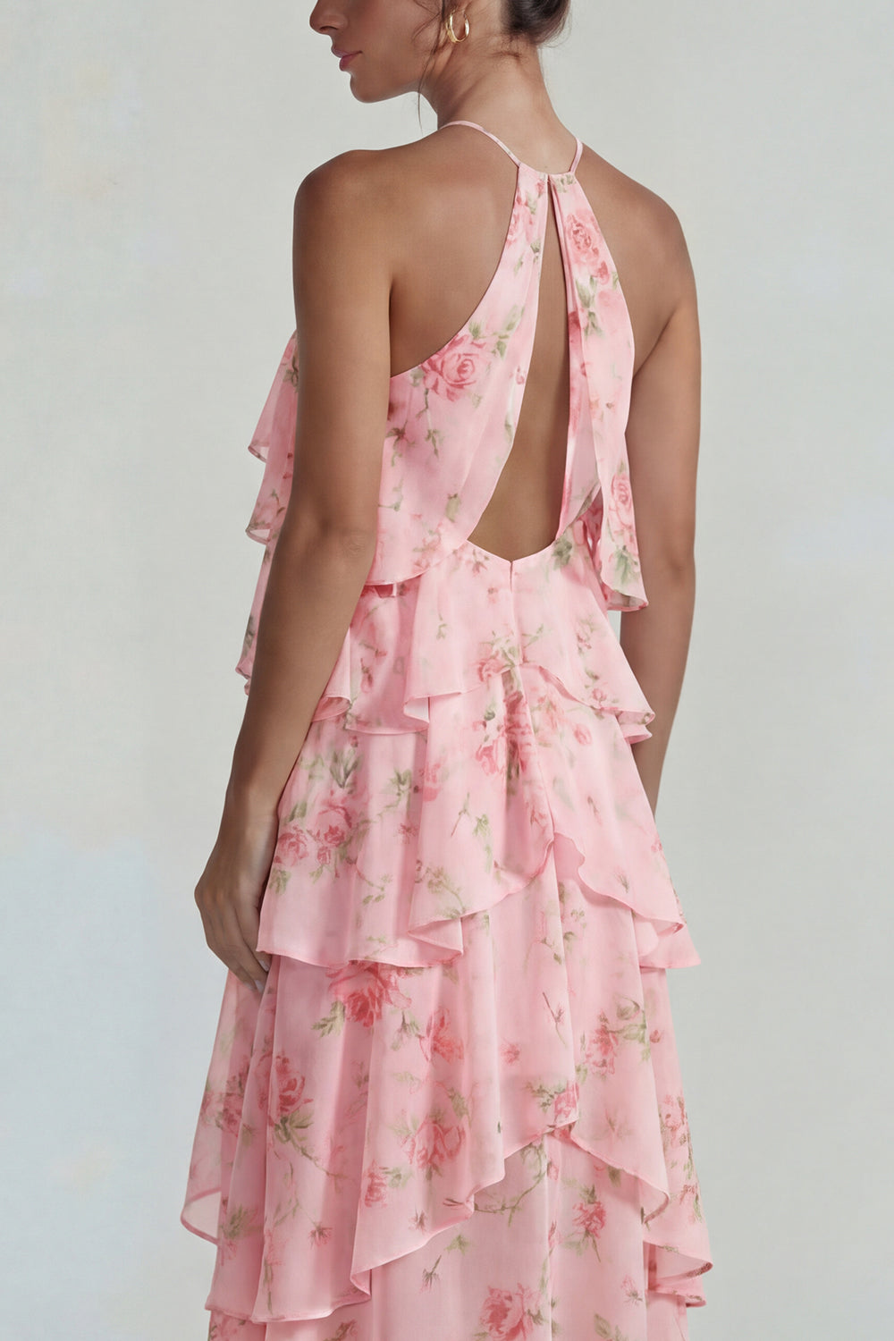 Florl Blue Halter Tiered A Line Long Flowy Formal Dress with Ruffles