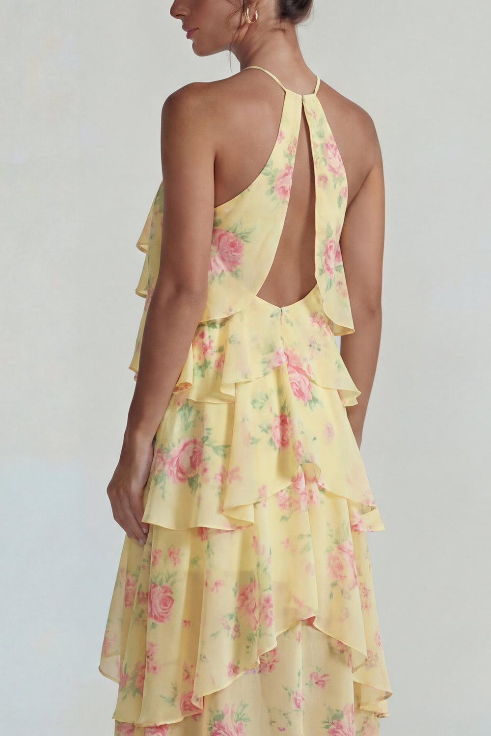 Florl Blue Halter Tiered A Line Long Flowy Formal Dress with Ruffles