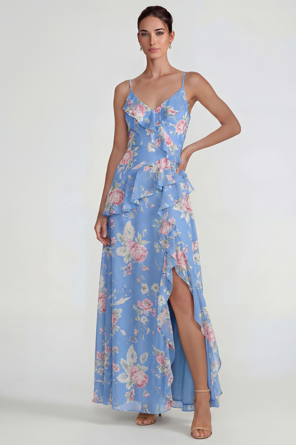 Yellow A Line Spaghetti Straps Ruffled Long Floral Formal Dress with Slit