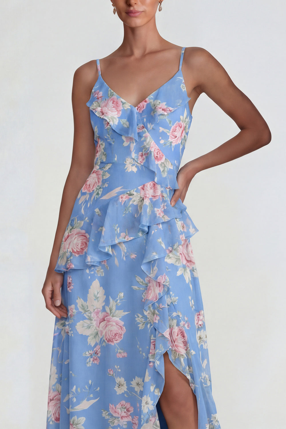 Yellow A Line Spaghetti Straps Ruffled Long Floral Formal Dress with Slit