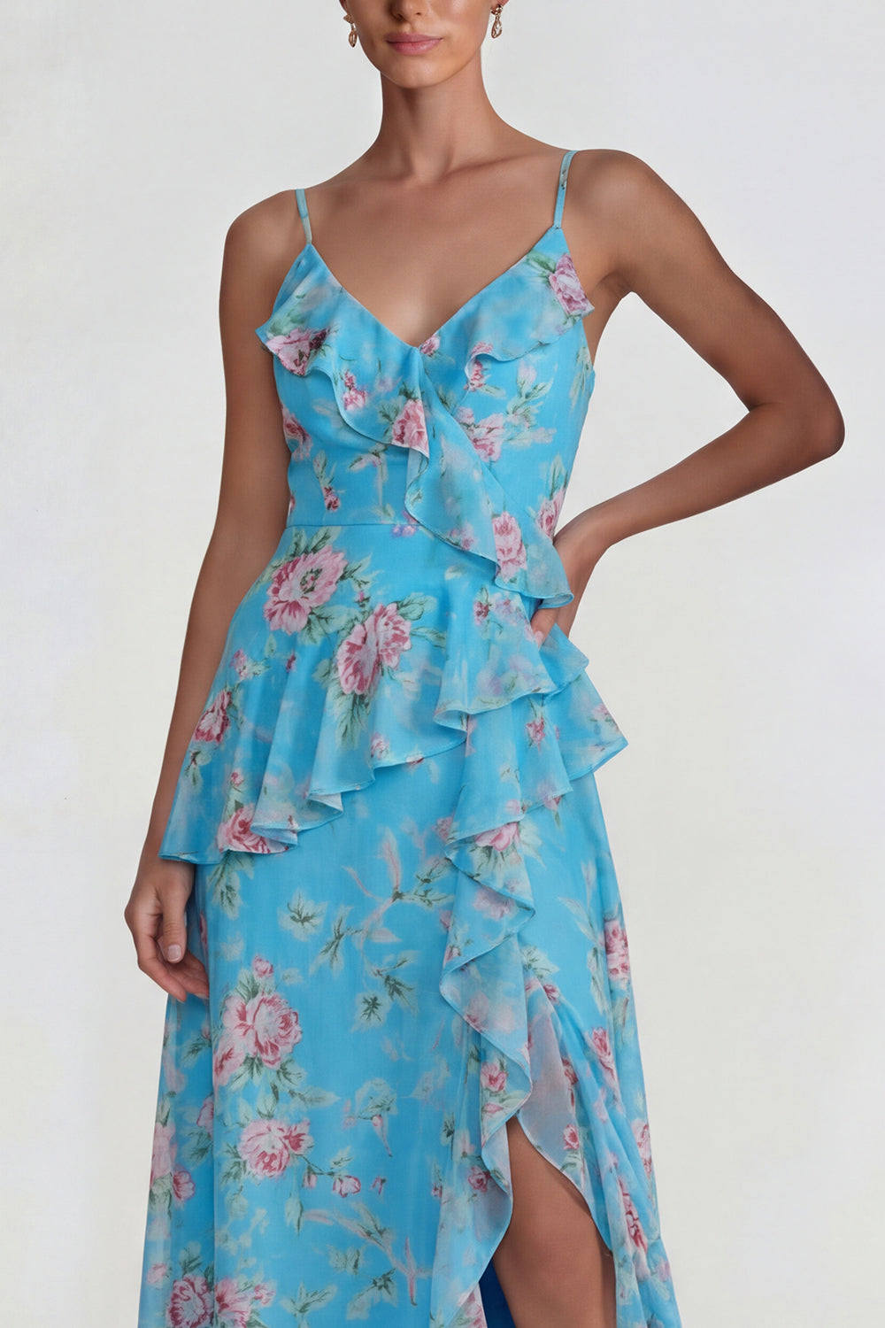 Yellow A Line Spaghetti Straps Ruffled Long Floral Formal Dress with Slit