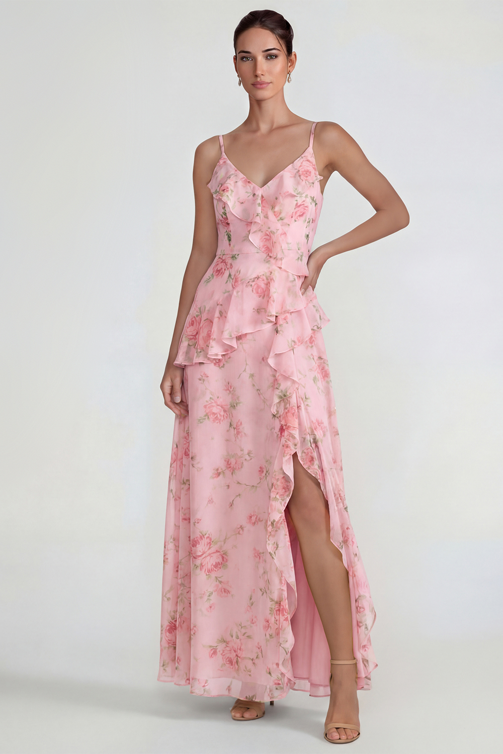 Yellow A Line Spaghetti Straps Ruffled Long Floral Formal Dress with Slit