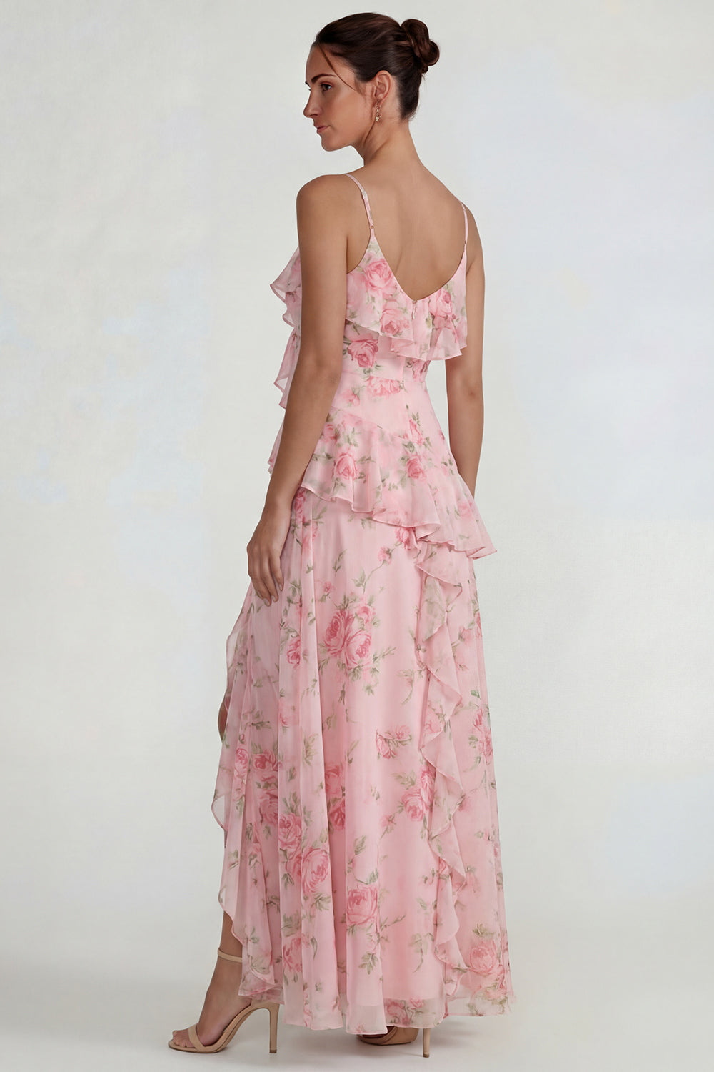 Yellow A Line Spaghetti Straps Ruffled Long Floral Formal Dress with Slit