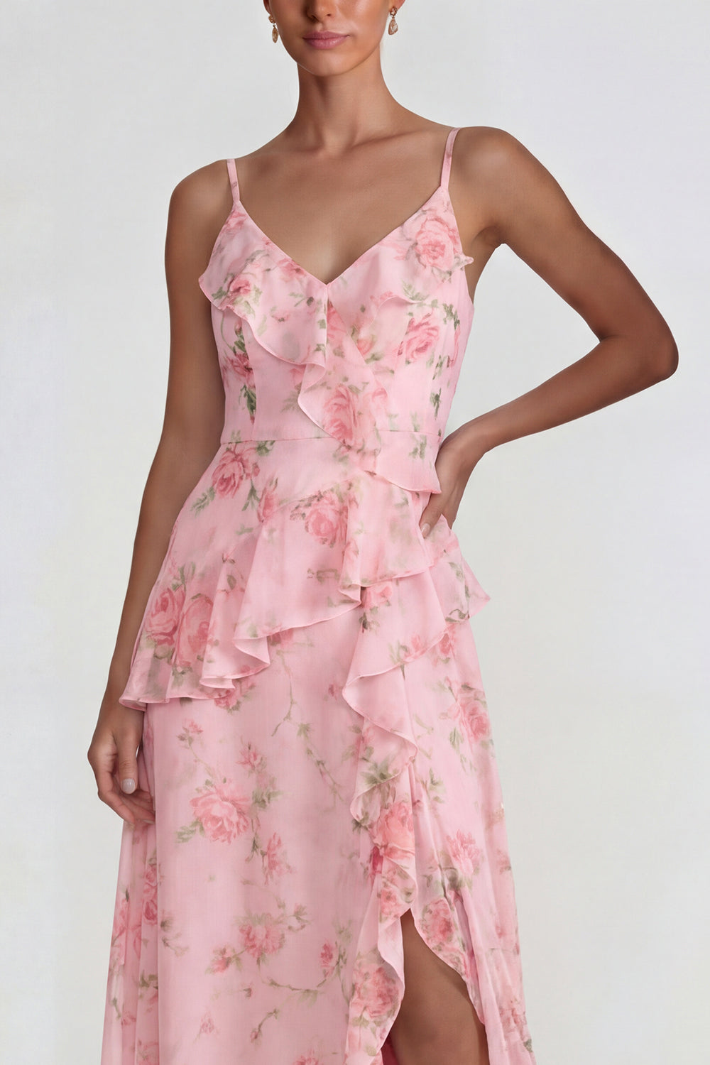 Yellow A Line Spaghetti Straps Ruffled Long Floral Formal Dress with Slit