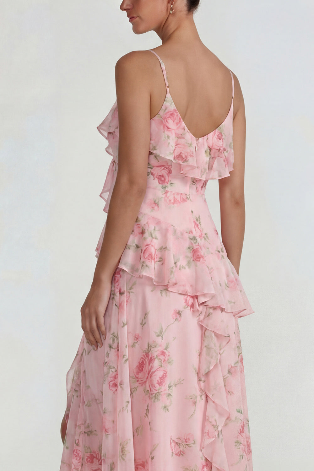 Yellow A Line Spaghetti Straps Ruffled Long Floral Formal Dress with Slit