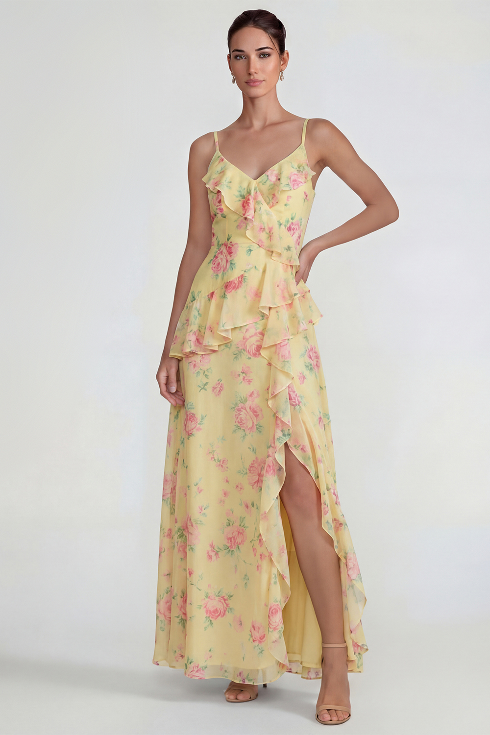 Yellow A Line Spaghetti Straps Ruffled Long Floral Formal Dress with Slit