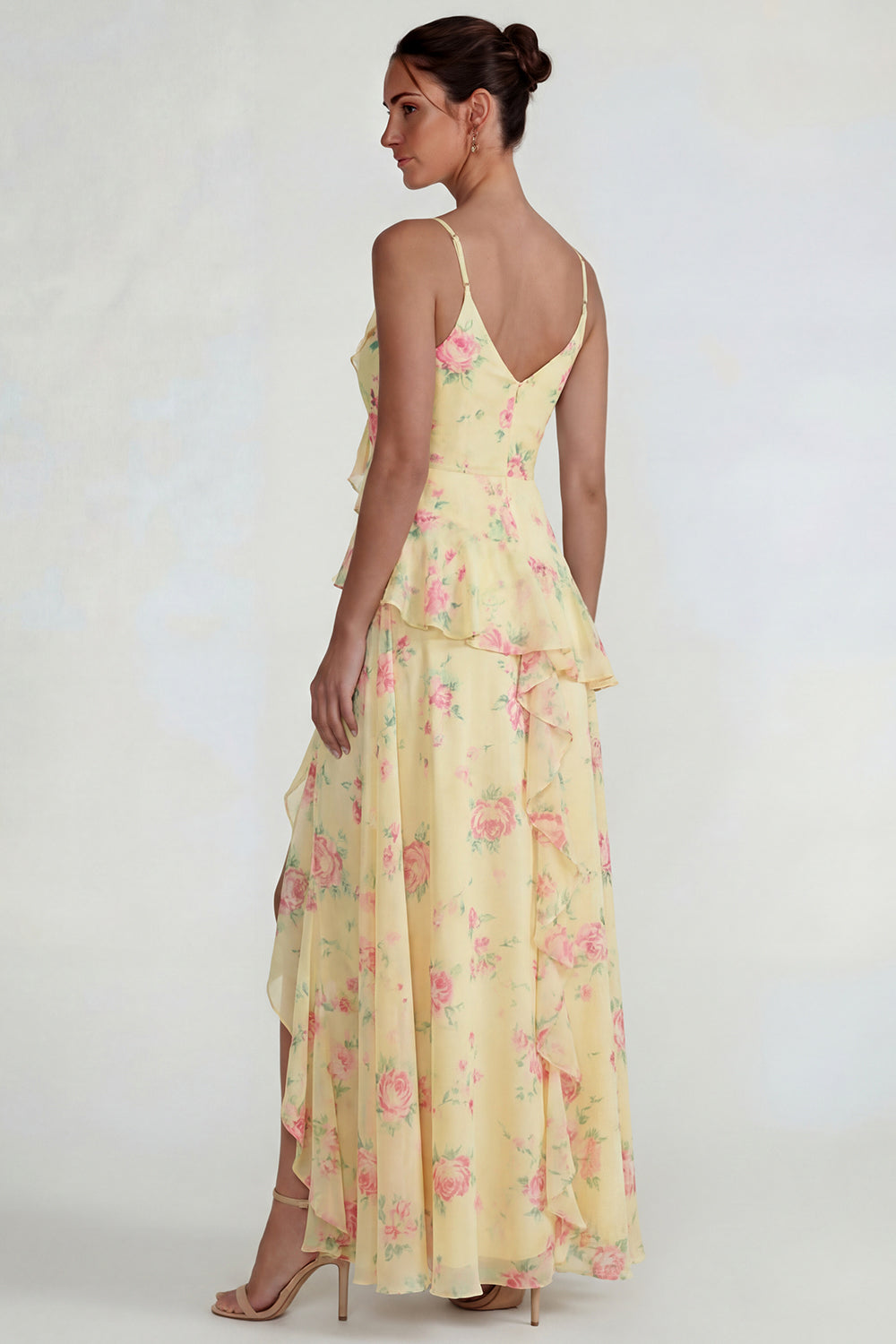 Yellow A Line Spaghetti Straps Ruffled Long Floral Formal Dress with Slit