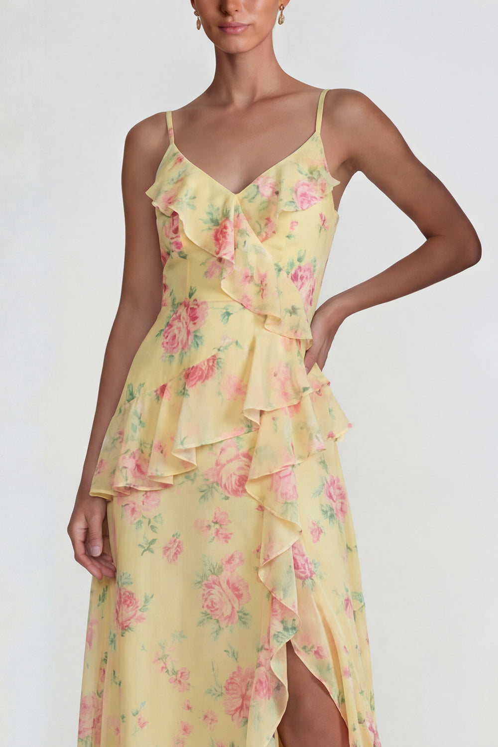 Yellow A Line Spaghetti Straps Ruffled Long Floral Formal Dress with Slit