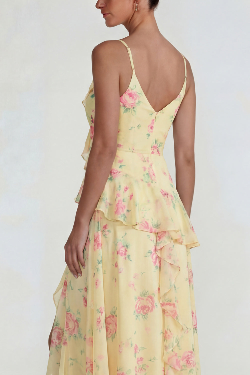 Yellow A Line Spaghetti Straps Ruffled Long Floral Formal Dress with Slit