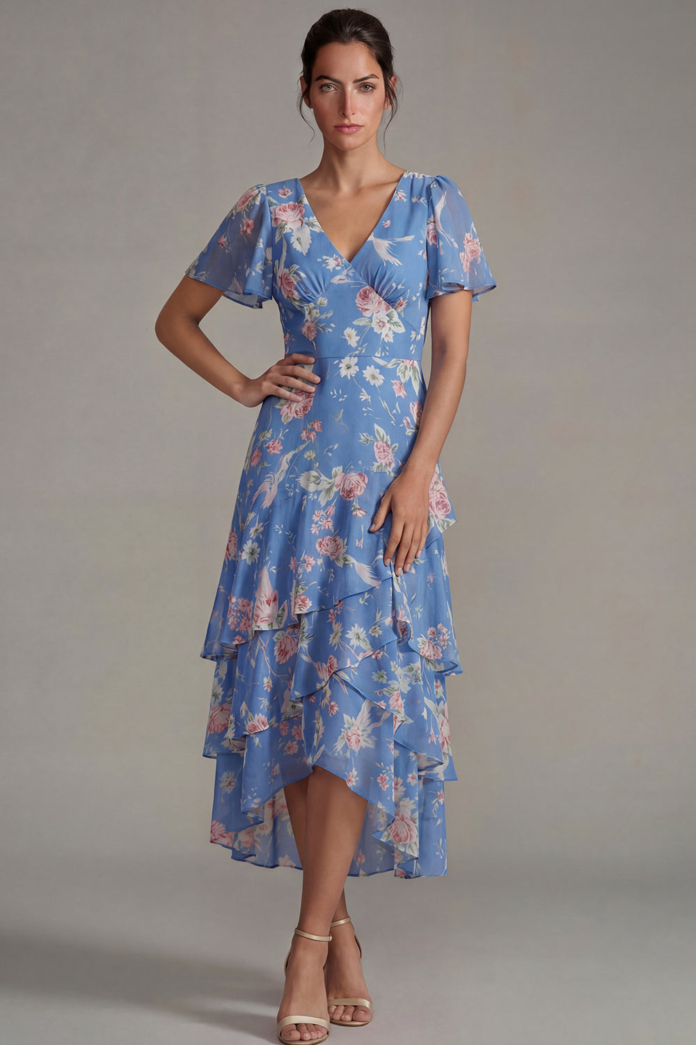 Blue V Neck Pink A Line Long Floral Formal Dress with Ruffles