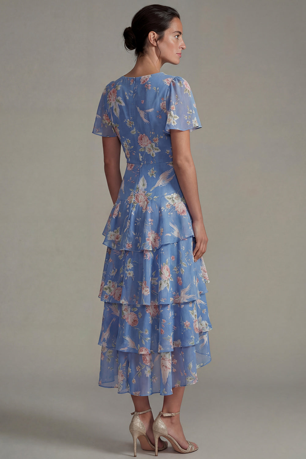 Blue V Neck Pink A Line Long Floral Formal Dress with Ruffles