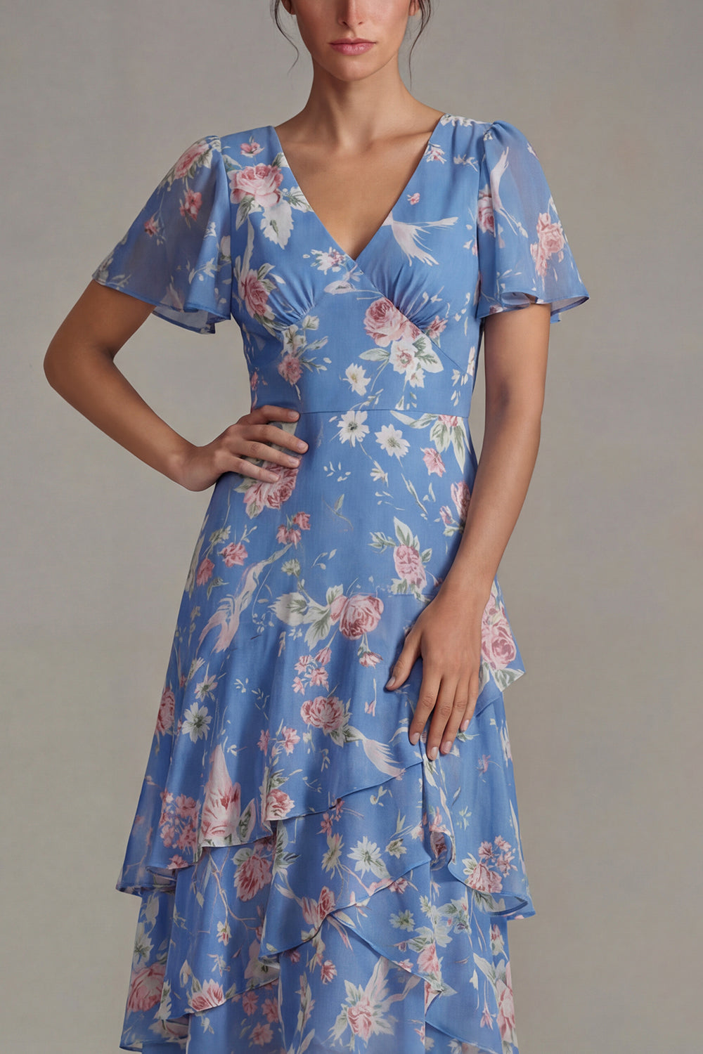 Blue V Neck Pink A Line Long Floral Formal Dress with Ruffles