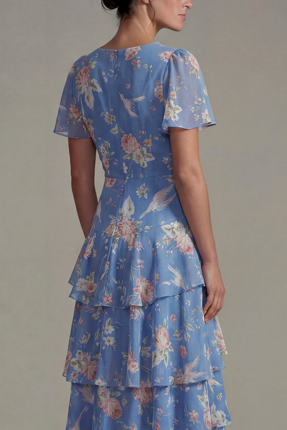 Blue V Neck Pink A Line Long Floral Formal Dress with Ruffles