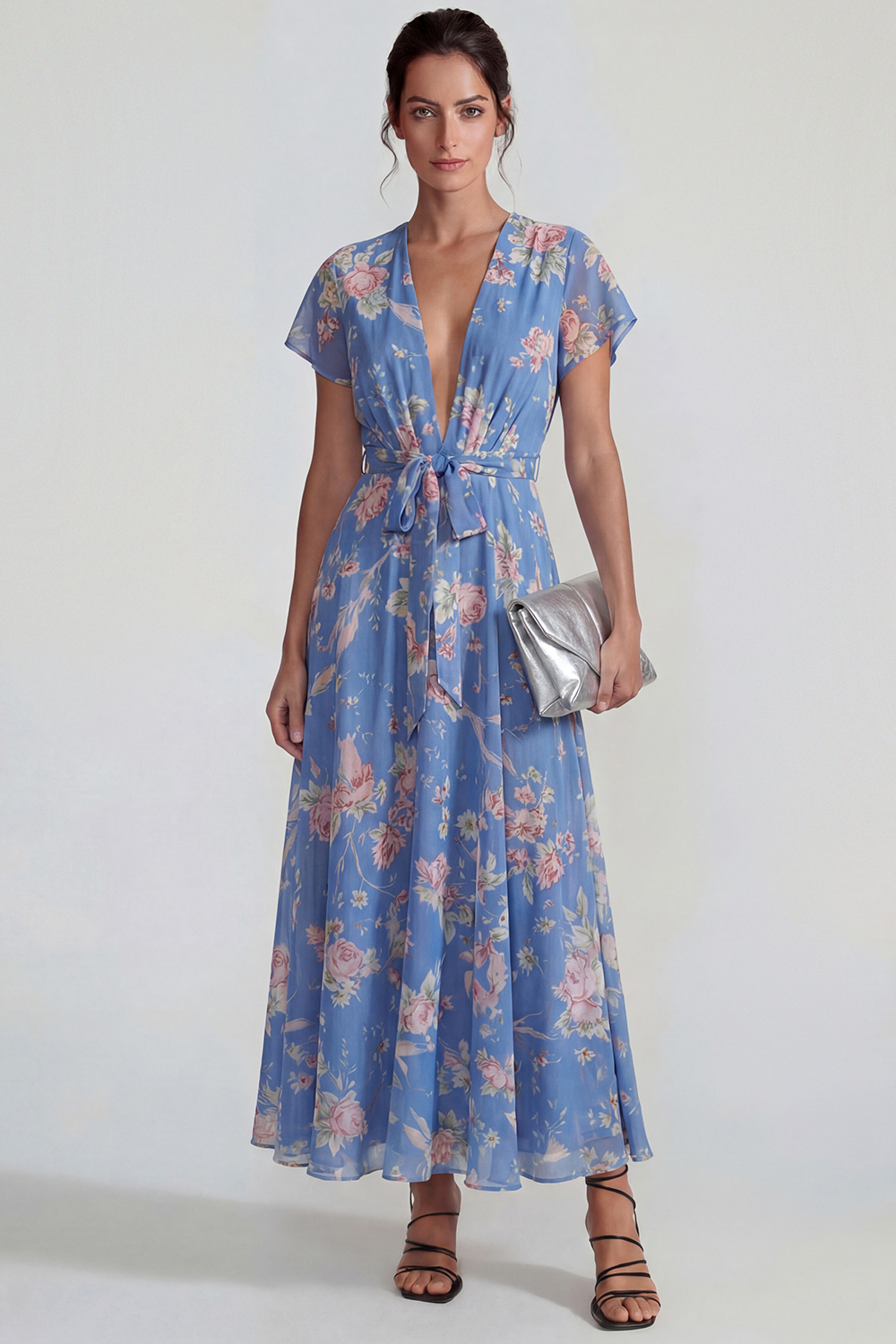 Flowy Blue V Neck A Line Long Floral Formal Dress with Sash