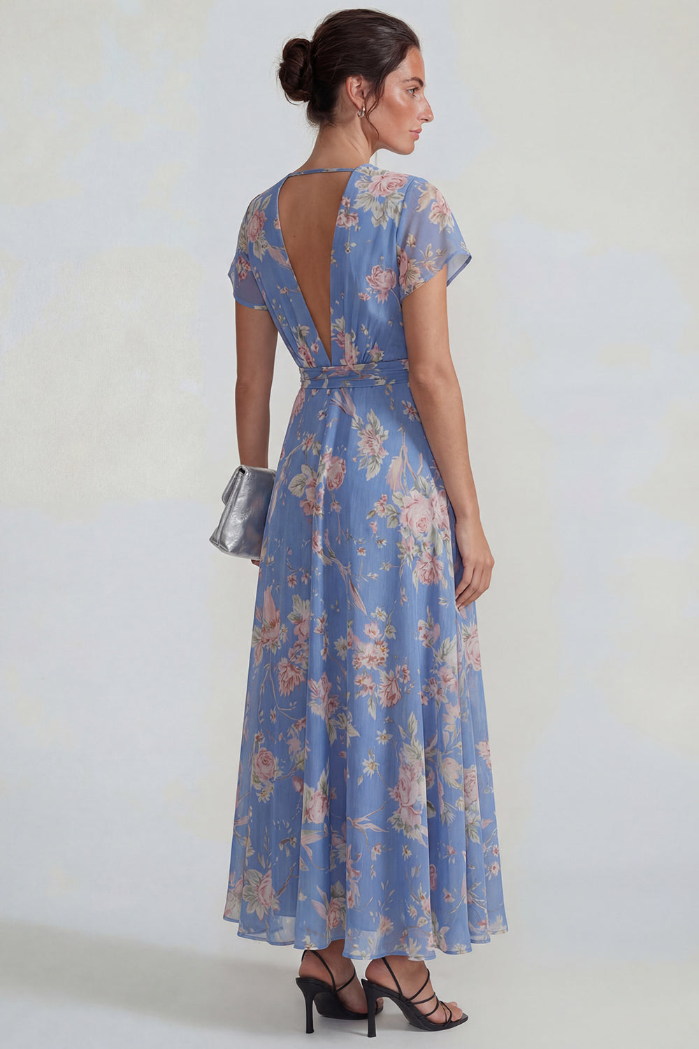 Flowy Blue V Neck A Line Long Floral Formal Dress with Sash